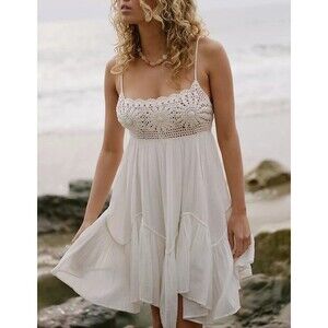 Free People Free-Est Sandoll Cotton Mini Dress Crochet Zigzag Tiered XS 287919